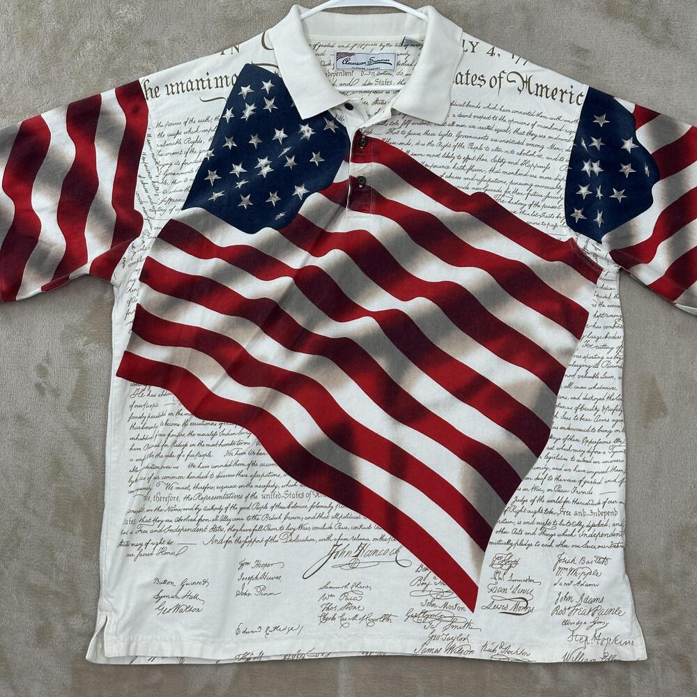 American Summer Polo Shirt Mens 2XL Red White Blue Flag Declaration Patriotic